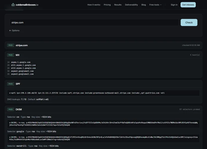DNS Records Checker passing MX, SPF and DKIM for a domain