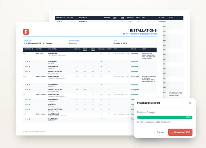 Installations PDF report generated in the browser, with the report dialog ready to download