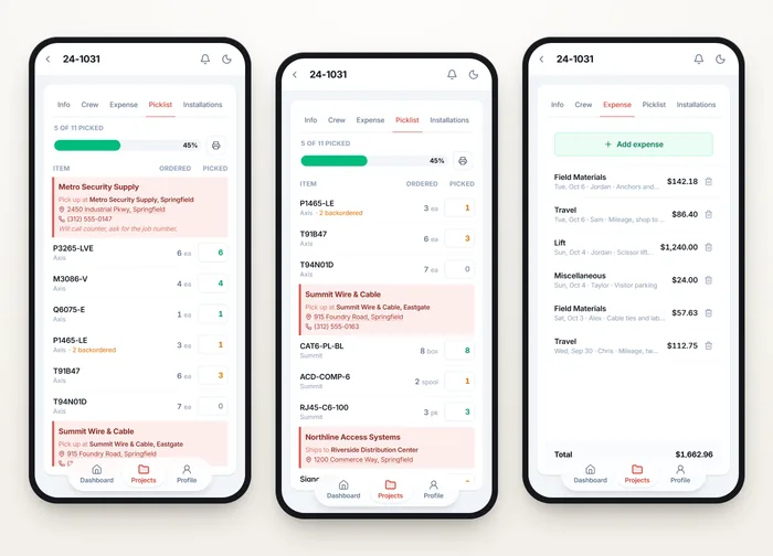 Three phones showing a picklist grouped by vendor with pickup details and the expenses tab
