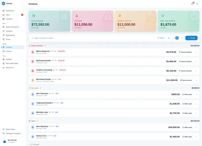 Klearby invoices overview with invoice cards and totals